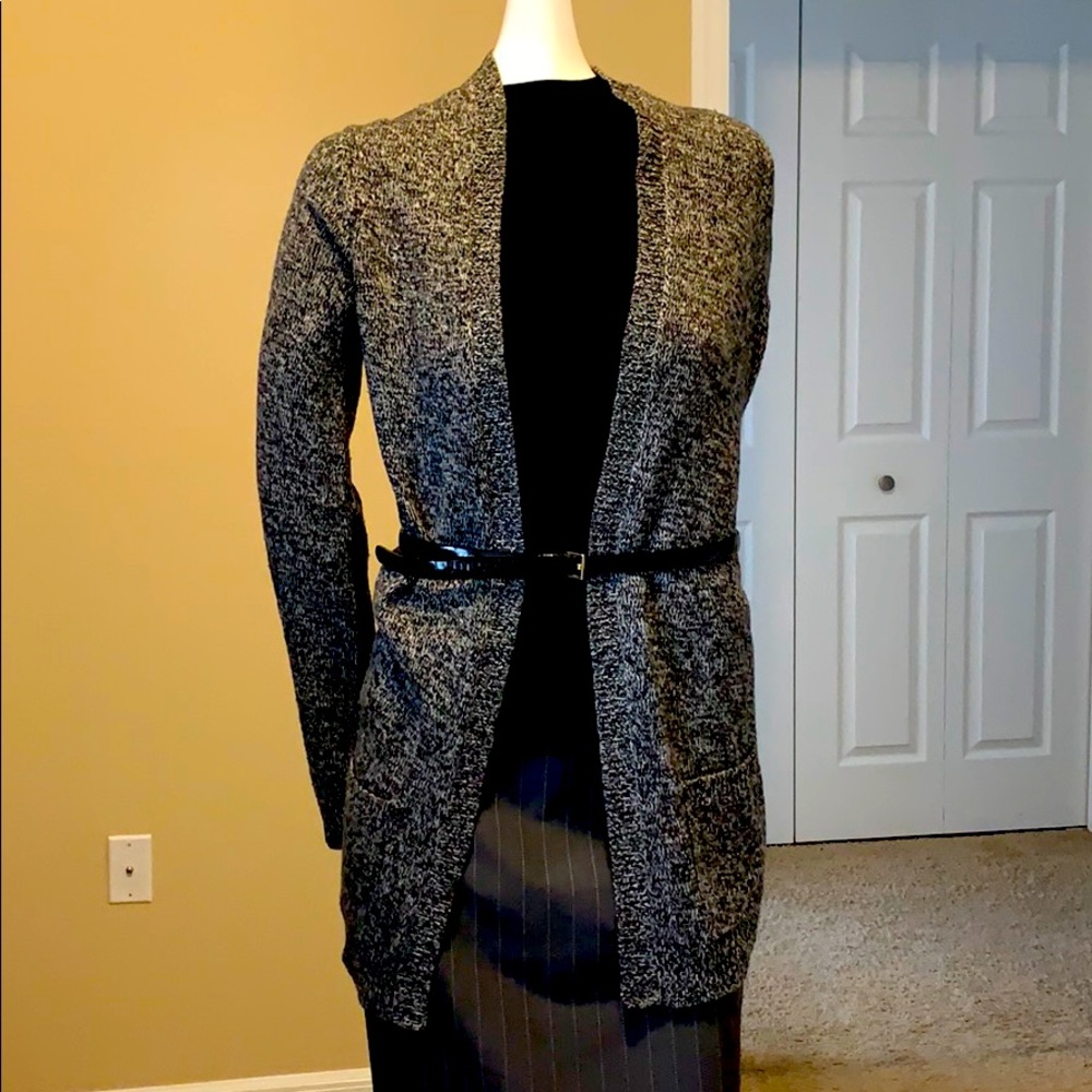 THEORY long length open front long sleeve cardigan wool NWOT black white grey M
